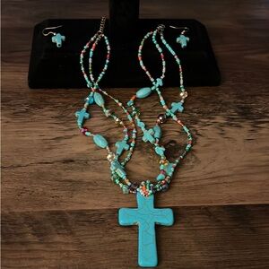 Turquoise Cross Beaded Necklace Set